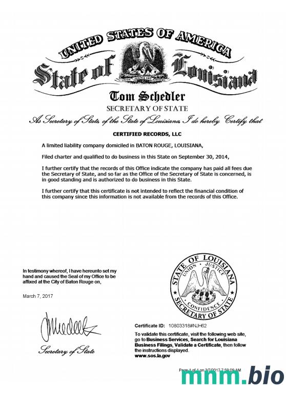 USA Louisiana vcertyfikat of good standing